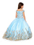 Big Girls Blue Off Shoulder Rhinestone Sweep Train Glitter Mesh Ball Gown 8-16 - SophiasStyle.com